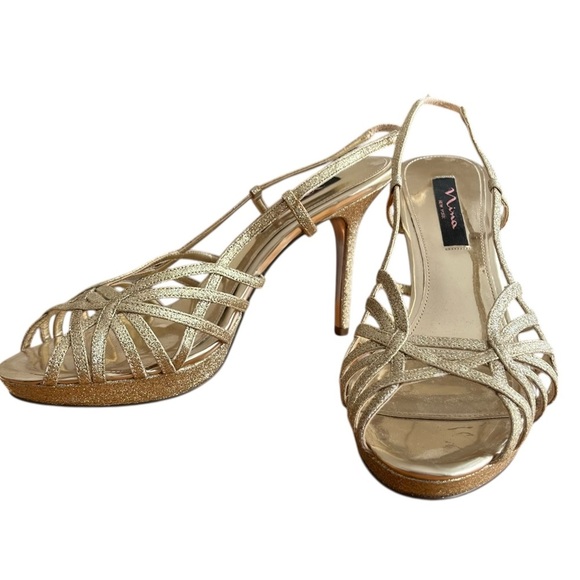 Nina New York Gold Glitter Strappy Heels – Size 10, 4.5” Stiletto Slingbacks - Picture 8 of 10